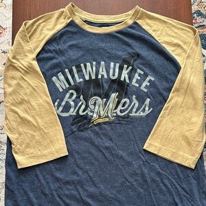 MLB Milwaukee Brewers Blue and Yellow Long Sleeve Tee, L